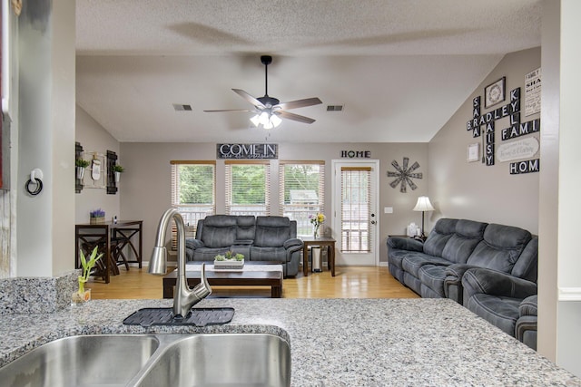8820 Forest Pond Dr, Harrison, TN 37341 - living area with vaulted ceiling, ceiling fan, and wood finished floors