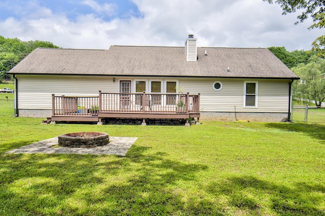 8820 Forest Pond Dr, Harrison, TN 37341 - rear view of house featuring a fire pit, a deck, a chimney, and a patio area