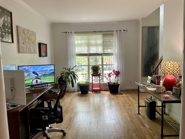 home office featuring wood finished floors and ornamental molding