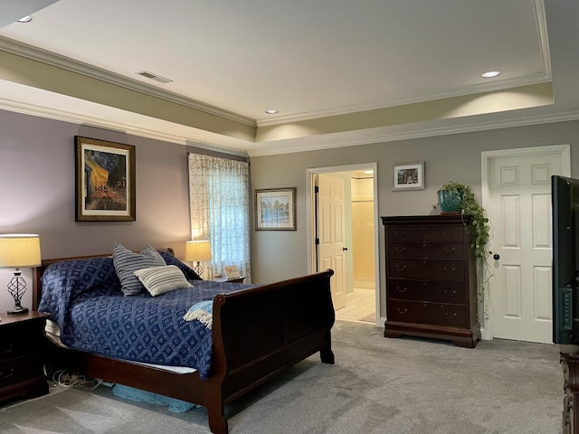 carpeted bedroom featuring a raised ceiling, ornamental molding, and recessed lighting