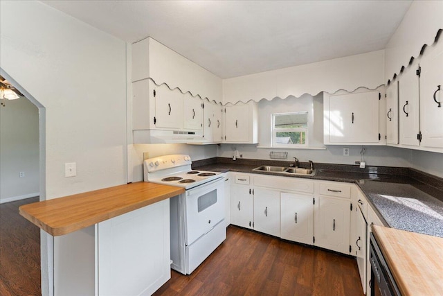 kitchen with white range with electric stovetop, a sink, under cabinet range hood, and white cabinetry