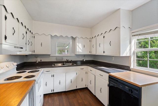 kitchen with under cabinet range hood, a sink, electric range, dishwasher, and white cabinets