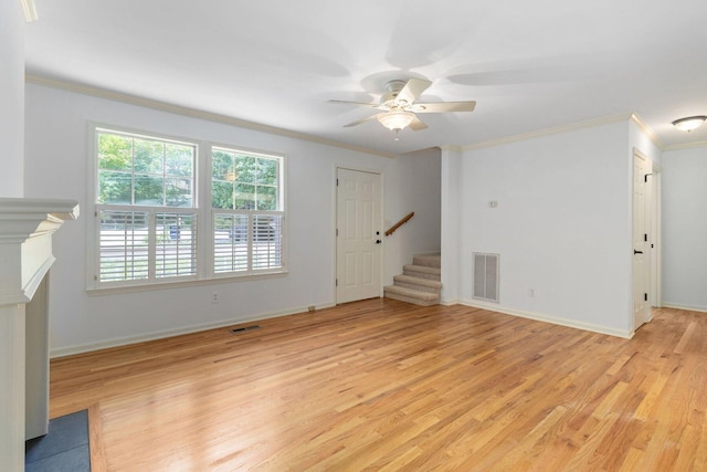 1623 Devlan Forest Ln, Signal Mountain, TN 37377 - unfurnished living room with stairs, light wood-style floors, crown molding, and a ceiling fan