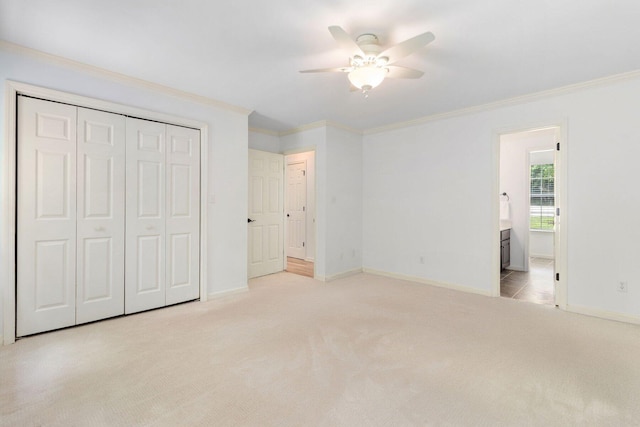 1623 Devlan Forest Ln, Signal Mountain, TN 37377 - unfurnished bedroom featuring carpet, ornamental molding, a closet, ensuite bath, and ceiling fan