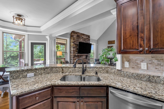 7983 Chianti Way, Chattanooga, TN 37421 - kitchen featuring dishwasher, a sink, light stone countertops, healthy amount of natural light, and vaulted ceiling