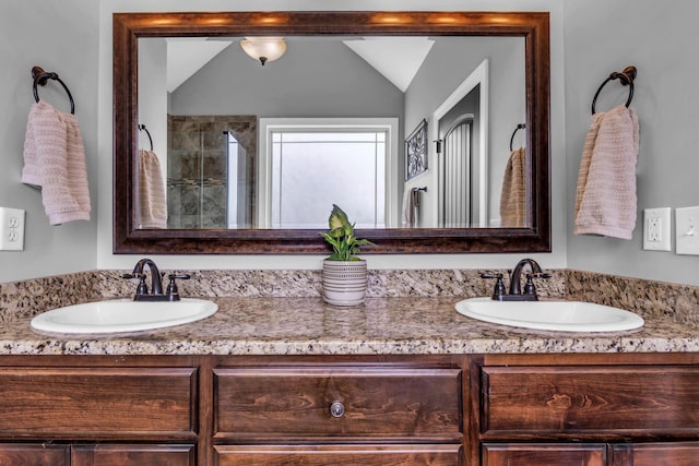 7983 Chianti Way, Chattanooga, TN 37421 - full bathroom featuring a stall shower, double vanity, and lofted ceiling