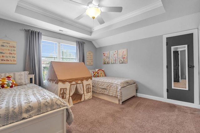 7983 Chianti Way, Chattanooga, TN 37421 - bedroom featuring ornamental molding, a tray ceiling, carpet, a ceiling fan, and baseboards