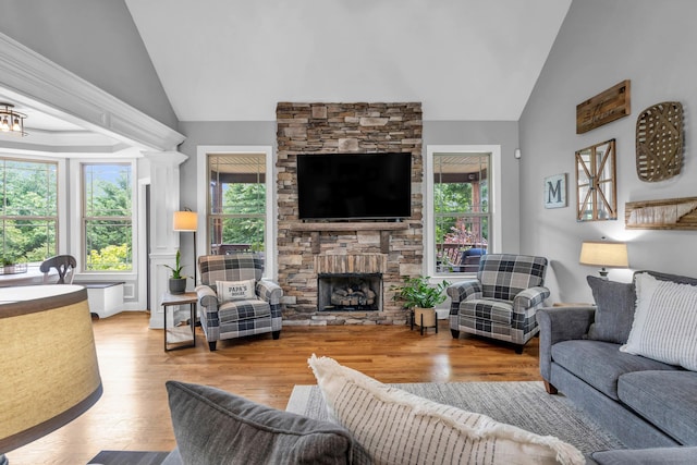 7983 Chianti Way, Chattanooga, TN 37421 - living area with lofted ceiling, healthy amount of natural light, wood finished floors, and a stone fireplace