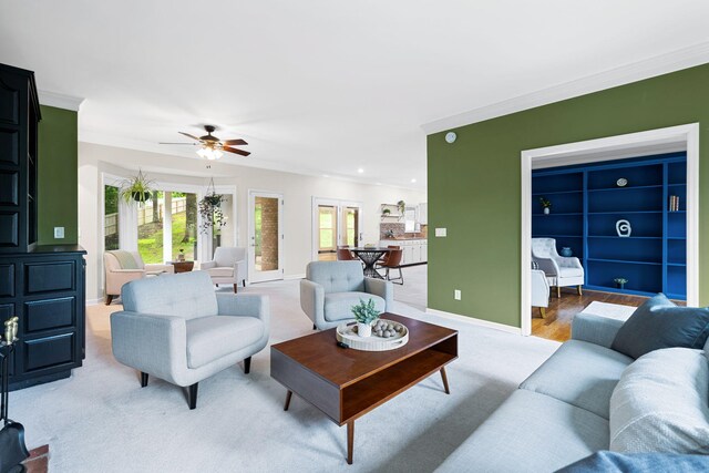 9416 Royal Mountain Dr, Chattanooga, TN 37421 - living area featuring ornamental molding, light carpet, a ceiling fan, baseboards, and recessed lighting