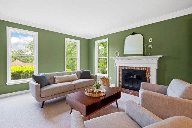9416 Royal Mountain Dr, Chattanooga, TN 37421 - carpeted living room with baseboards, a fireplace, and crown molding