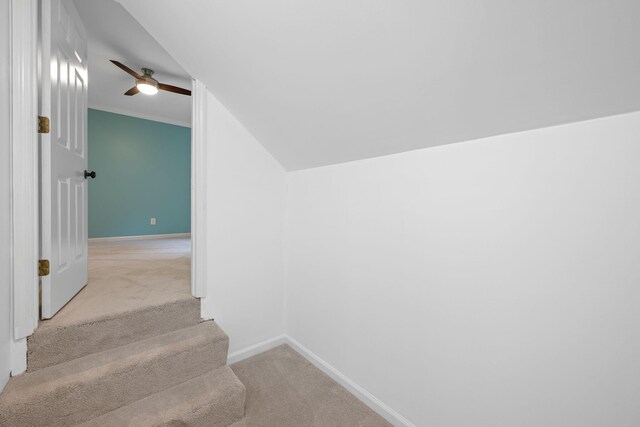9416 Royal Mountain Dr, Chattanooga, TN 37421 - stairs featuring carpet floors, a ceiling fan, vaulted ceiling, and baseboards