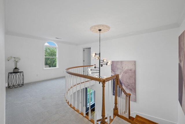 9416 Royal Mountain Dr, Chattanooga, TN 37421 - hall with an upstairs landing, a chandelier, carpet, baseboards, and crown molding