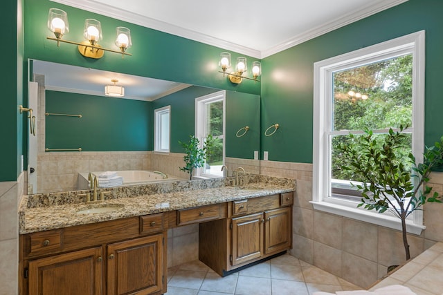 9416 Royal Mountain Dr, Chattanooga, TN 37421 - bathroom with tile walls, healthy amount of natural light, tile patterned floors, crown molding, and double vanity