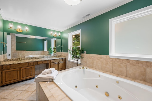 9416 Royal Mountain Dr, Chattanooga, TN 37421 - bathroom featuring a whirlpool tub, double vanity, crown molding, and tile patterned floors