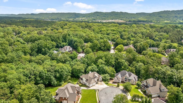 aerial perspective of suburban area with a forest and mountains