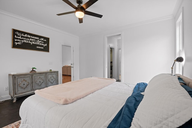 bedroom with crown molding, baseboards, ceiling fan, and dark wood-style flooring