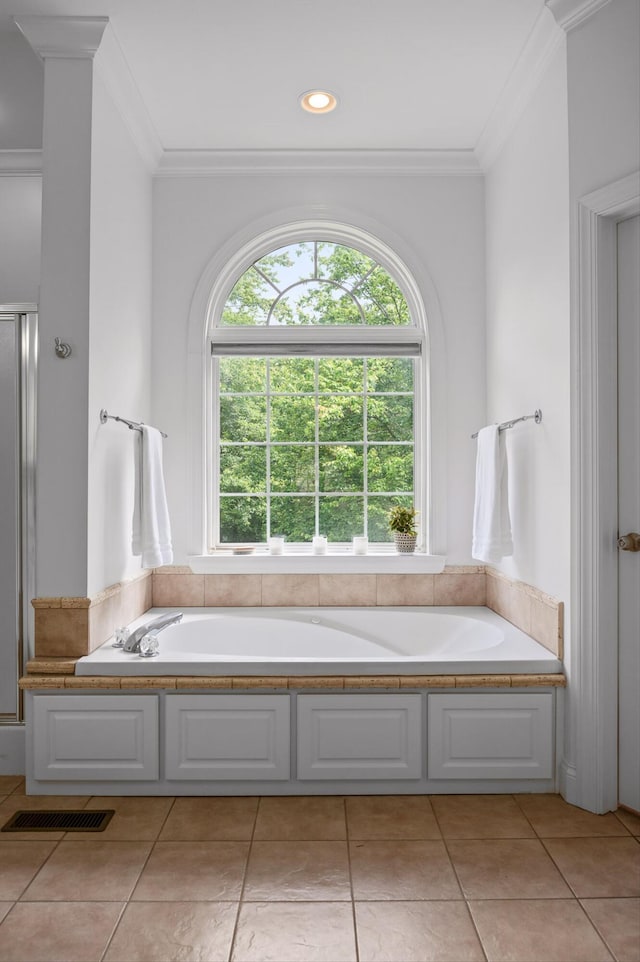 full bathroom with crown molding, a garden tub, a stall shower, tile patterned flooring, and recessed lighting