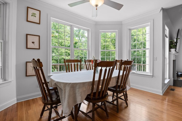 dining area with baseboards, a ceiling fan, light wood-style flooring, and crown molding