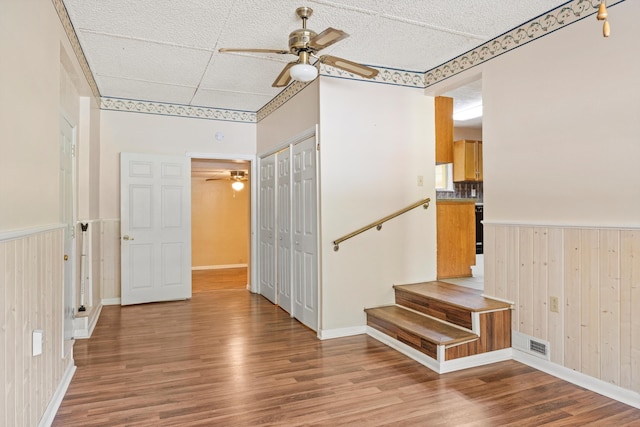 3502 Oak Ridge Dr, Chattanooga, TN 37415 - interior space featuring ceiling fan, wood finished floors, wainscoting, and wood walls