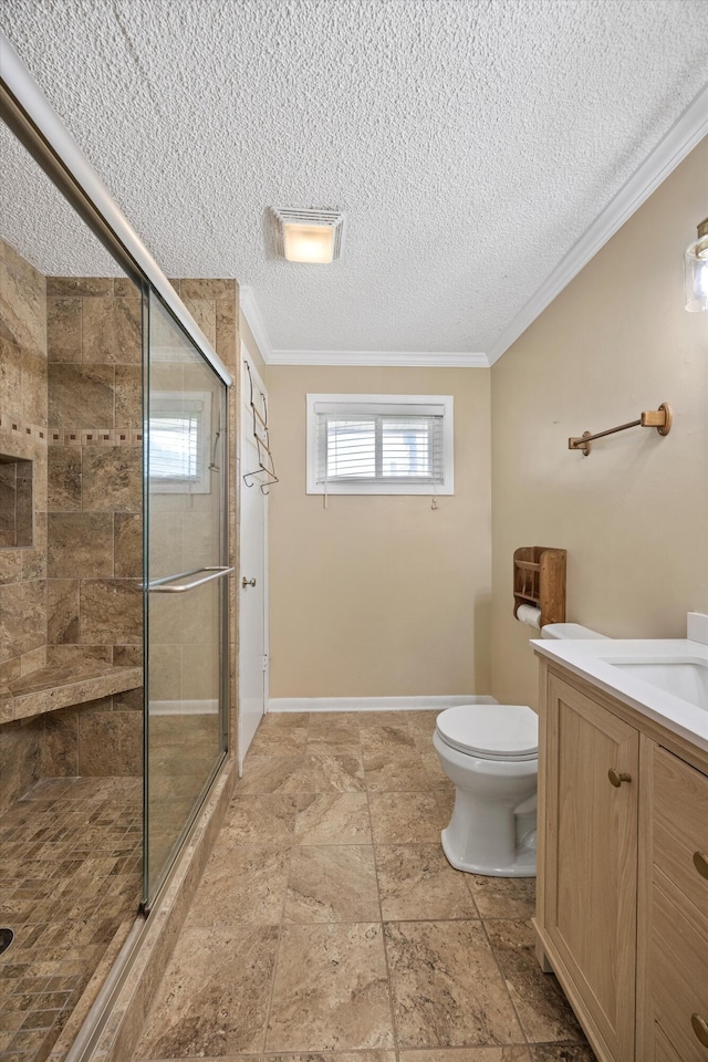 3502 Oak Ridge Dr, Chattanooga, TN 37415 - full bath featuring a stall shower, a textured ceiling, ornamental molding, and vanity