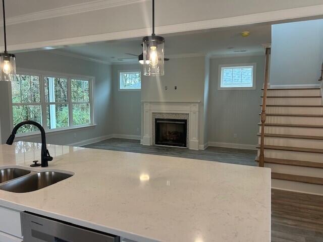 8860 Knolling Loop Unit 37, Ooltewah, TN 37363 - kitchen featuring a sink, dark wood-type flooring, crown molding, dishwasher, and a fireplace