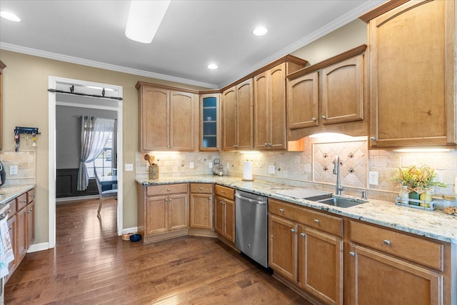 kitchen featuring stainless steel dishwasher, a sink, crown molding, dark wood-type flooring, and backsplash