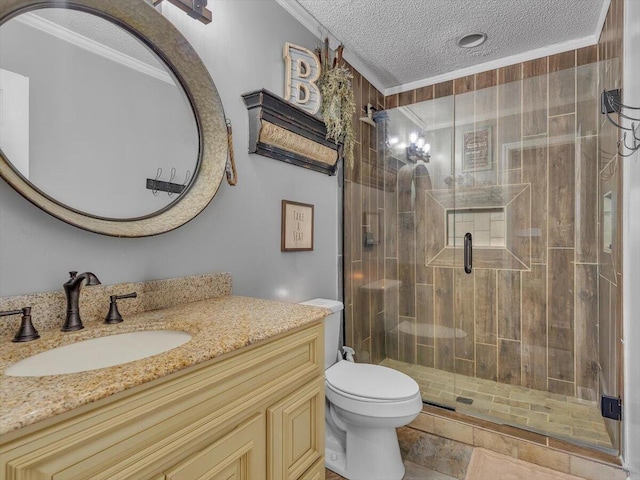 123 Paddle Wheel Ct, Cohutta, GA 30710 - full bath featuring a textured ceiling, toilet, ornamental molding, a shower stall, and vanity