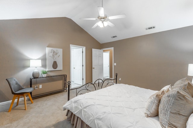 bedroom featuring vaulted ceiling, carpet, and a ceiling fan