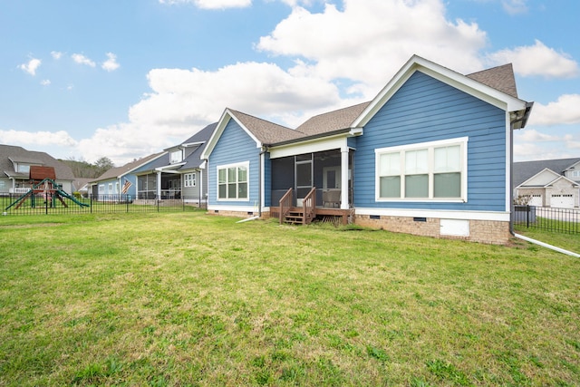 3637 Stickley Way, Apison, TN 37302 - back of house with crawl space, a sunroom, a playground, and roof with shingles