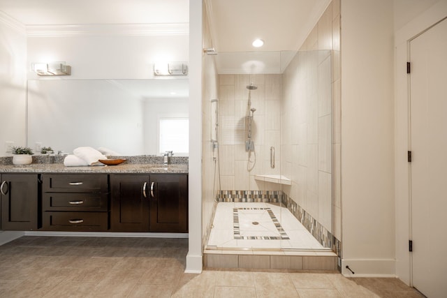 3637 Stickley Way, Apison, TN 37302 - full bathroom with a stall shower, ornamental molding, vanity, tile patterned floors, and recessed lighting