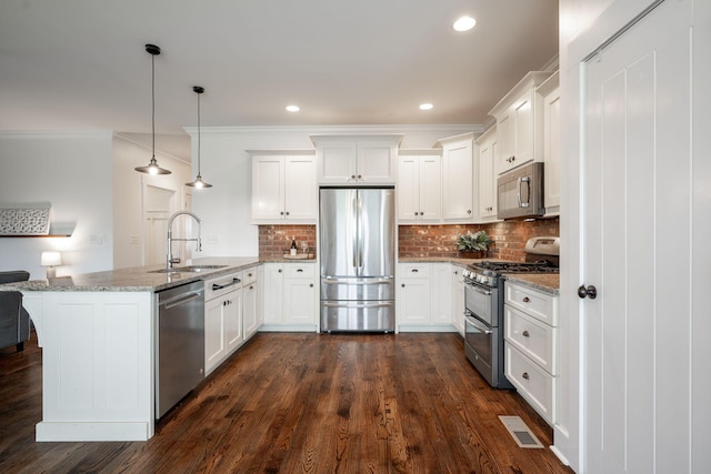 3637 Stickley Way, Apison, TN 37302 - kitchen with stainless steel appliances, a sink, a peninsula, ornamental molding, and white cabinetry