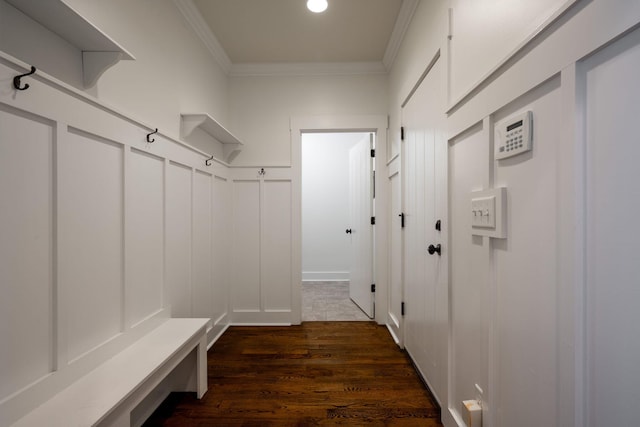 3637 Stickley Way, Apison, TN 37302 - mudroom with dark wood-type flooring, ornamental molding, a decorative wall, and recessed lighting
