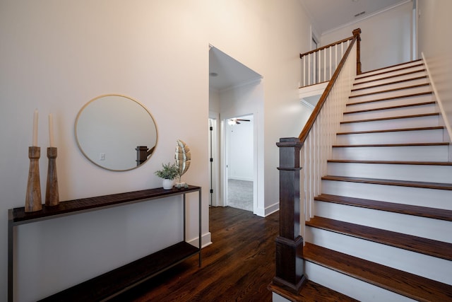 3637 Stickley Way, Apison, TN 37302 - stairs with ornamental molding, wood finished floors, ceiling fan, and baseboards