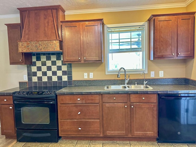 2218 Harvest Ln, Dandridge, TN 37725 - kitchen with black appliances, a sink, custom exhaust hood, dark countertops, and tasteful backsplash