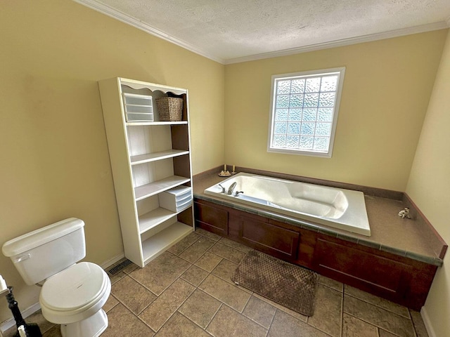 2218 Harvest Ln, Dandridge, TN 37725 - full bathroom featuring toilet, a textured ceiling, crown molding, and a garden tub