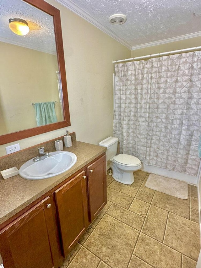2218 Harvest Ln, Dandridge, TN 37725 - full bathroom with a textured ceiling, toilet, vanity, crown molding, and shower / bathtub combination with curtain