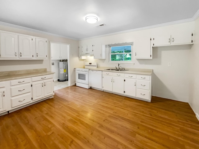 kitchen featuring white appliances, a sink, water heater, white cabinetry, and light wood finished floors