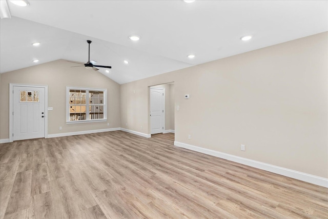 118 Earls Way, Chatsworth, GA 30705 - unfurnished living room featuring ceiling fan, vaulted ceiling, light wood-style floors, baseboards, and recessed lighting