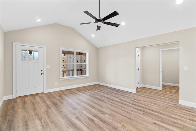 118 Earls Way, Chatsworth, GA 30705 - entrance foyer featuring a ceiling fan, lofted ceiling, light wood-style floors, baseboards, and recessed lighting