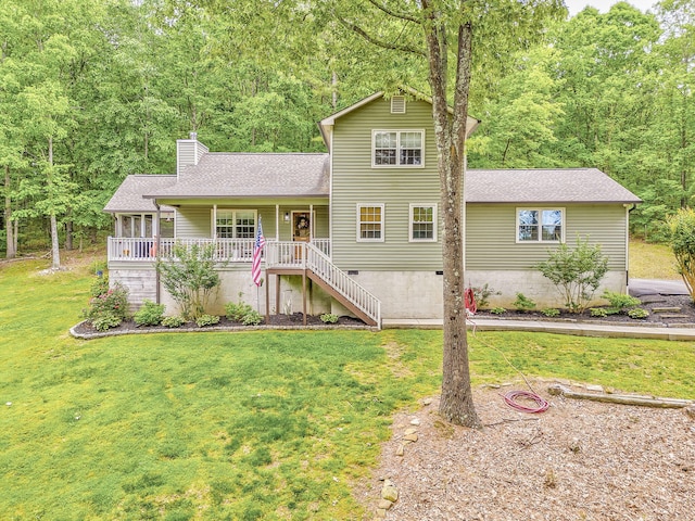 4950 Standifer Rd, Cohutta, GA 30710 - view of front facade featuring covered porch, a chimney, a front lawn, roof with shingles, and stairway