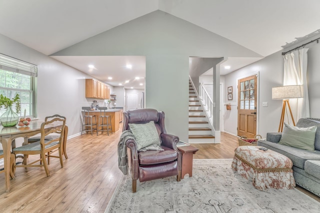 4950 Standifer Rd, Cohutta, GA 30710 - living area featuring light wood finished floors, stairs, recessed lighting, baseboards, and high vaulted ceiling