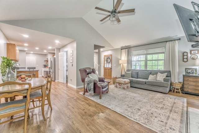 4950 Standifer Rd, Cohutta, GA 30710 - living area featuring a ceiling fan, light wood-style floors, high vaulted ceiling, recessed lighting, and baseboards