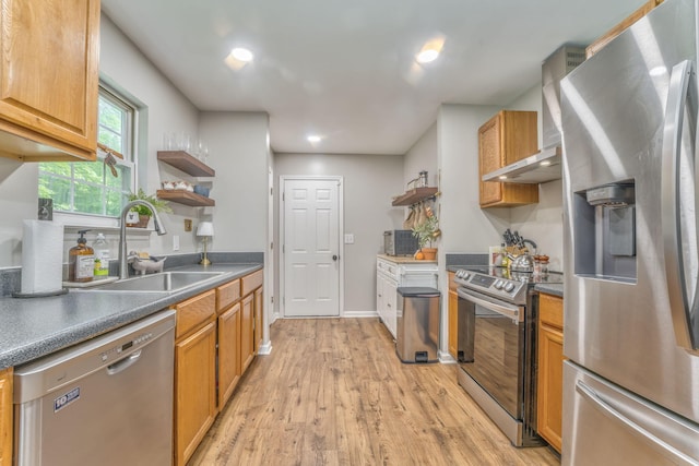 4950 Standifer Rd, Cohutta, GA 30710 - kitchen with stainless steel appliances, open shelves, a sink, light wood-style floors, and dark countertops