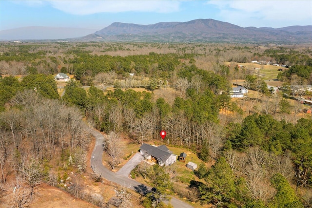 view of property location featuring a mountainous background and a forest