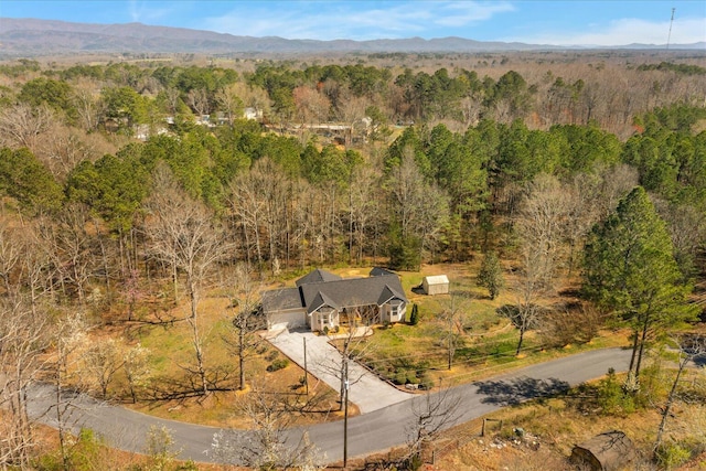 view of subject property with a forest