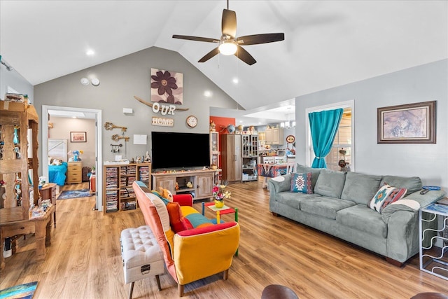 132 Katie Ln, Chatsworth, GA 30705 - living area featuring a ceiling fan, high vaulted ceiling, light wood-style floors, and recessed lighting