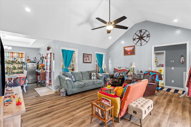132 Katie Ln, Chatsworth, GA 30705 - living area featuring ceiling fan, wood finished floors, high vaulted ceiling, and recessed lighting