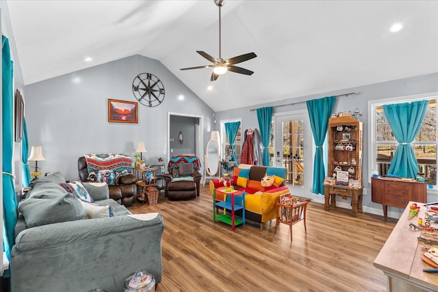 132 Katie Ln, Chatsworth, GA 30705 - living room featuring ceiling fan, light wood-type flooring, high vaulted ceiling, and recessed lighting