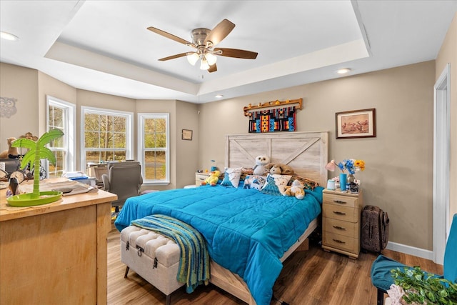 132 Katie Ln, Chatsworth, GA 30705 - bedroom with a tray ceiling, wood finished floors, recessed lighting, and ceiling fan
