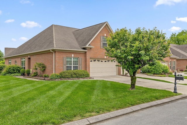 view of front of property with a garage, brick siding, driveway, a front lawn, and a shingled roof